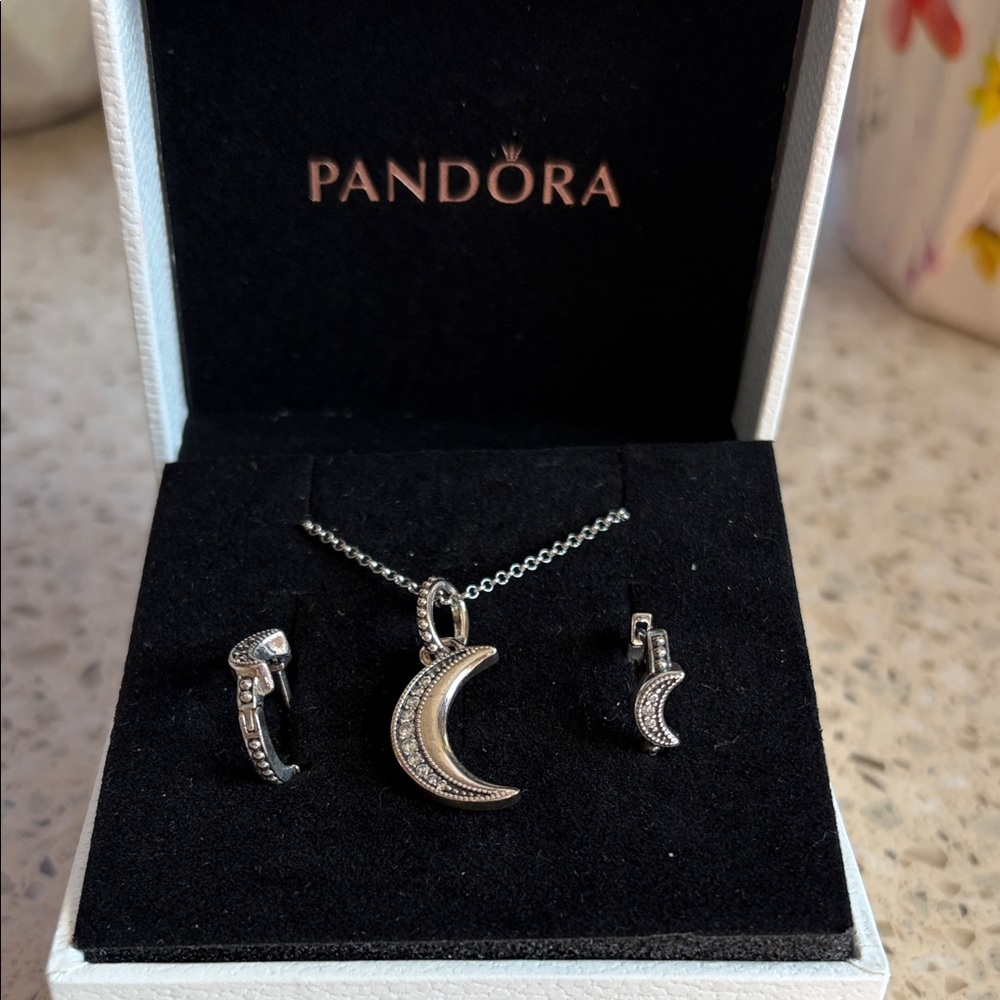 Pandora Silver Crescent Moon Necklace and Hoop Earring Set - Silver